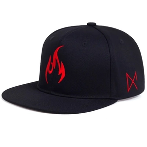 Black hip hop baseball cap with red flame embroidery and flat brim, front 45-degree view