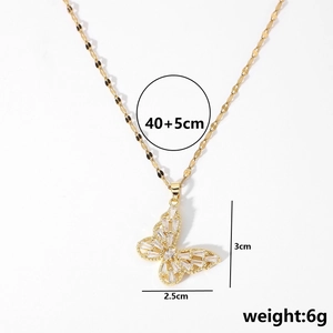Golden butterfly pendant necklace with zircon stone on 40+5cm titanium steel chain