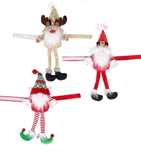 Close-up of Santa, Reindeer and Elf plush curtain buckles with sparkly sequin details