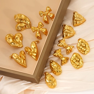 Bowknot Heart Geometric Stud Earrings 18K Gold Plated 304 Stainless Steel Hammered Texture Waterproof Hypoallergenic Fashion For Women