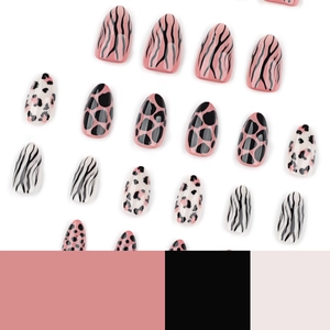 Kurze Mandel-Kunstnägel zum Aufkleben mit Rosa-Weiß Leopard- und Zebra-Mustern