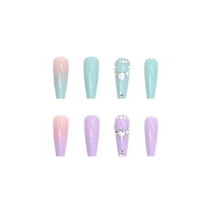 Dual-color gradient press-on nails in purple and green with crystal rhinestones