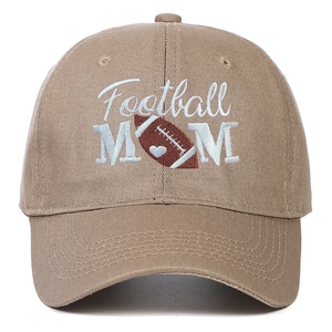 Detail of high-density Football MOM embroidery on khaki washed cotton baseball cap