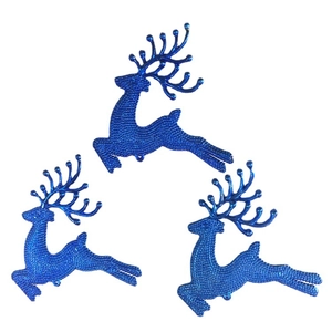 Three textured blue glitter reindeer ornaments for Christmas tree hanging decoration