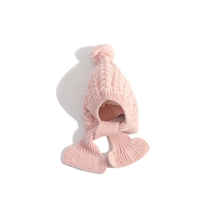 Pink knit baby hooded scarf hat with top pom-pom and fleece lining for winter warmth