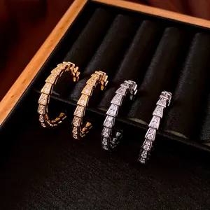 Segmented Geometric Snake Scale C Hoop Earrings For Women Copper Zirconia With Silver Earring Post
