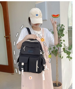 Detail of black nylon backpack featuring multiple pockets and white contrast straps