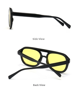 Detail view of square flat top sunglasses with thick black frame and yellow lenses