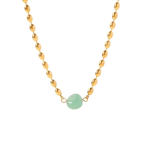 18K gold stainless steel necklace with green oval stone pendant on white background