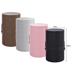 Cylindrical PU leather makeup brush holder with side buckles in four colors 13x20cm