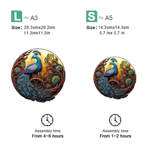 Size comparison chart for L and S colorful peacock wooden puzzles with assembly times