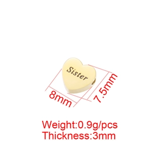 Mirror stainless steel heart bead with Sister engraving, 8mm gold heart charm accessory