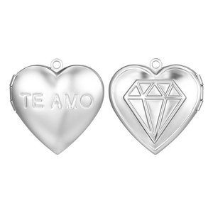 Silver heart locket pendant with Te Amo engraving and diamond pattern on white background