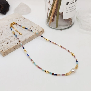 Colorful natural stone beaded necklace with white pearl and adjustable gold chain link