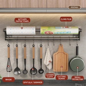 Wall-mounted multi-functional kitchen rack with dual bars and 8 hooks in matte grey finish