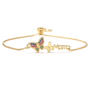 Adjustable 18K gold-plated MAMA bracelet with colorful zircon butterfly and box chain