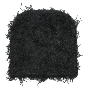 Close-up of black distressed knit beanie with heavy brushed texture for winter warmth