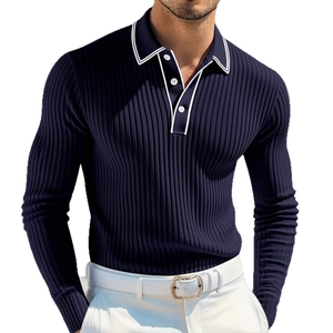 Men's navy rib-knit long sleeve polo shirt with white contrast trim and buttoned collar