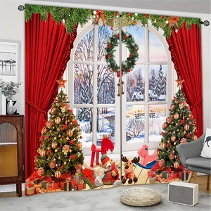 Detail of Christmas themed blackout curtains with digital prints of festive ornaments