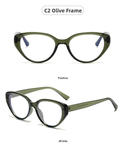 Detail view of olive green cat-eye frames showing front and 45-degree side angles
