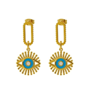Orecchini pendenti Evil Eye dorati con smalto blu e bianco e cornice a raggiera