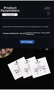 Macro detail of acrylic face gem stickers in individual white card and OPP bag packaging