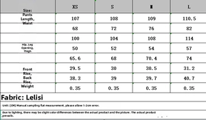 Size chart for women's double-breasted blazer and pants set with fabric specifications