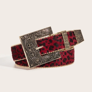 Ceinture Femme Vintage en Cuir PU Imprimé Léopard Rouge Avec Boucle en Alliage Sculpté Or et Bordure en Perles Style Western