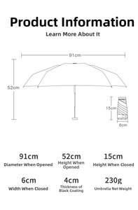 Detailed size chart showing dimensions and weight of the flat folding cherry sun umbrella