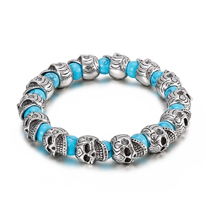 Vintage punk skull bracelet with blue turquoise natural stone beads for men