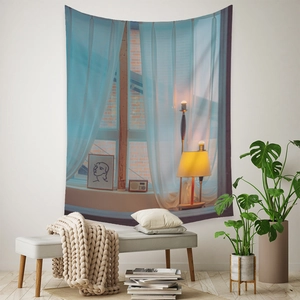 Detail of bohemian tapestry featuring a window view with soft curtains and vintage radio