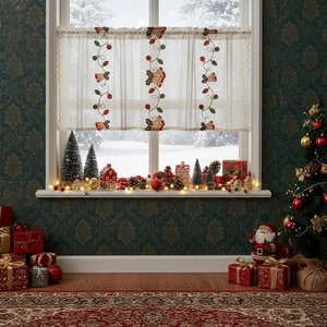 Christmas window cafe curtain with embroidered bells and holly on beige lace fabric