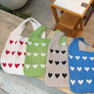 Knitted Heart Pattern Tote Bag Soft Wool Shoulder Bag For Women Sweet Autumn Winter Large Capacity Casual Handbag
