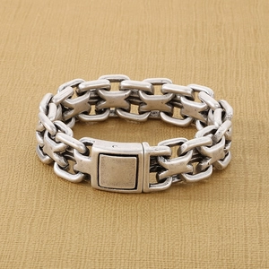 Detail view of retro silver stainless steel double link chain bracelet for men