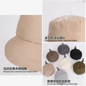 Winter padded warm bucket hat with water-resistant fabric and foldable storage bag