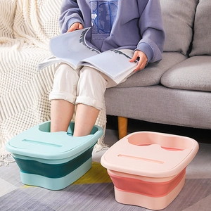 Collapsible pink foot bath basin with massage nodes and portable deep bucket design