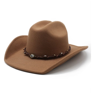 Western Cowboy Hat Wool Felt Fedora Wide Brim Retro British Style With Evil Eye Decoration For Men Women