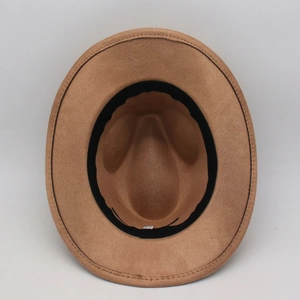 Internal view of brown wide brim fedora showing sweatband and high-quality stitching