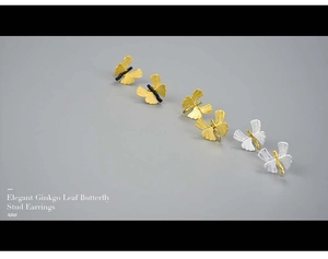 Elegant ginkgo leaf butterfly stud earrings in gold and silver with brushed metal finish