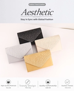 Detail of satin evening clutch bags in black, silver, and gold with rhinestone V-flap