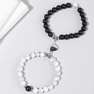 Beaded Couples Magnetic Attraction Bracelet Natural Stone Alloy Heart Charm Braided Cord Adjustable Romantic Jewelry