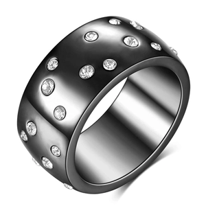 Polished black stainless steel 10mm wide ring with sparkling inlaid crystals