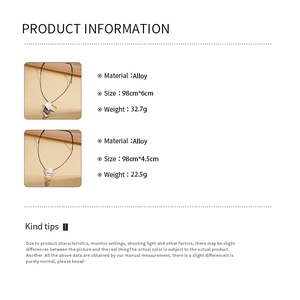 Detail showing dimensions and material for alloy long sweater necklaces with geometric shapes