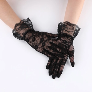 Women's black floral lace sun protection gloves with elegant ruffled cuffs for summer