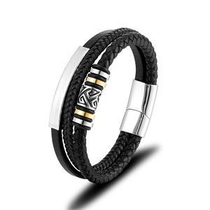 Bracelet multicouche en cuir tressé noir pour homme avec fermoir magnétique en acier