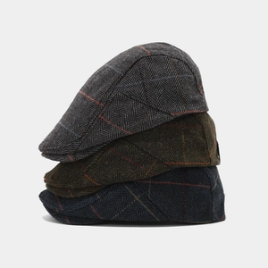 Men Flat Cap Herringbone Windowpane Check Vintage British Style Warm Polyester Tweed Texture Newsboy Hat