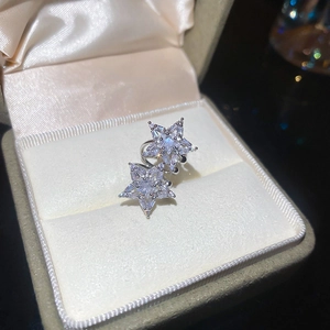 Macro shot of silver-toned star ear clips with sparkling zircon inlay in a velvet box