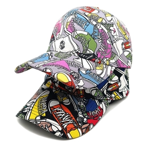 Graffiti printed baseball caps with colorful sneaker patterns on canvas fabric