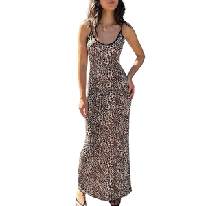 Detailed view of leopard print maxi dress with slim fit and elegant spaghetti straps