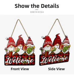 Front and side view of Christmas gnome wooden welcome sign with festive plaid pattern